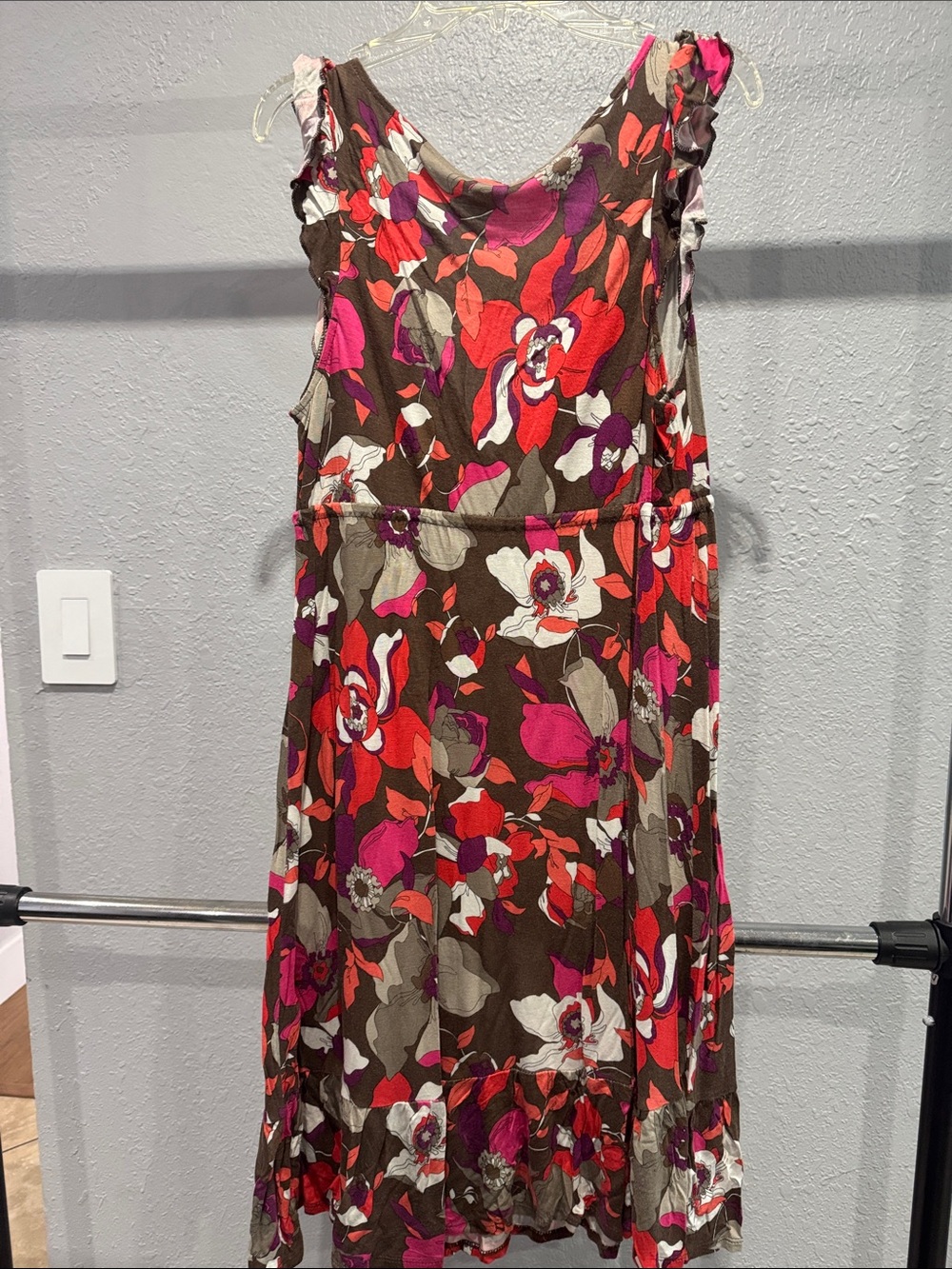 Old Navy Brown Floral Wrap Dress with Pink & Red Accents - Picture 5 of 7